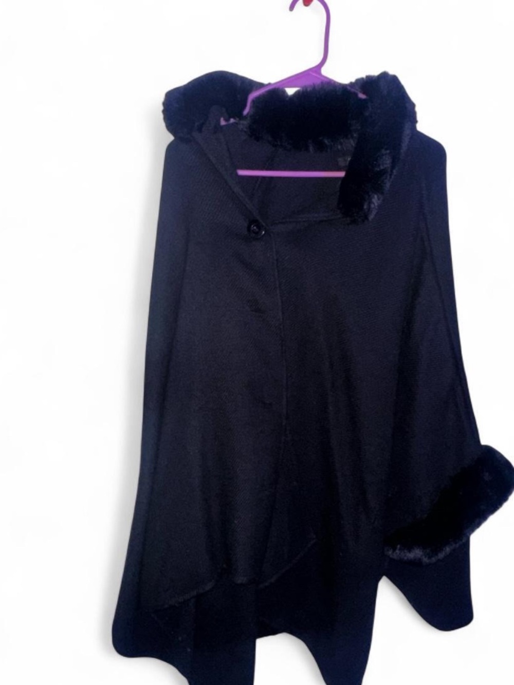 Andrew Marc Black Faux-Fur Trim Poncho Cape
